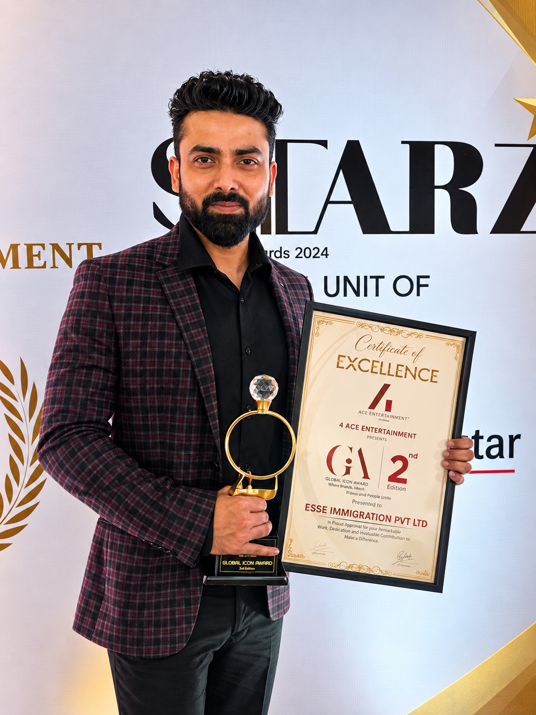 ESSE India receiving the Global Icon Award 2024 and Certificate of Excellence from 4 ACE Entertainment